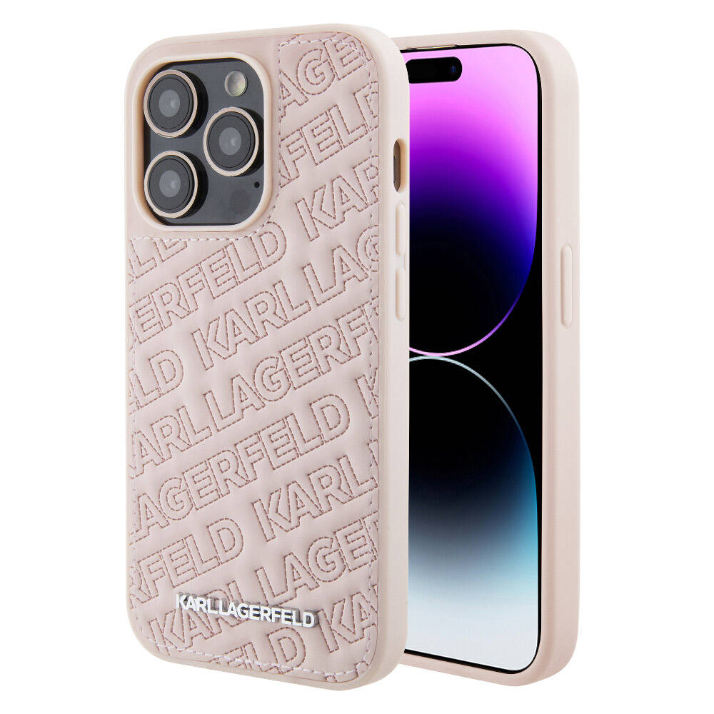 iPhone 15 Pro Max Kılıf Karl Lagerfeld orijinal Lisanslı Metal Yazı Logolu Dikişli Logo Arka Yüzey Kapitone Kılıf