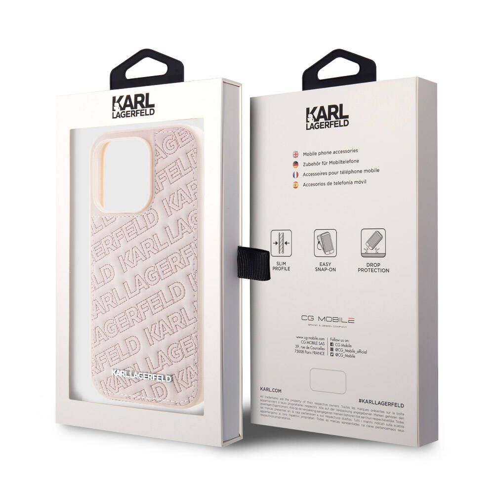 iPhone 15 Pro Max Kılıf Karl Lagerfeld orijinal Lisanslı Metal Yazı Logolu Dikişli Logo Arka Yüzey Kapitone Kılıf