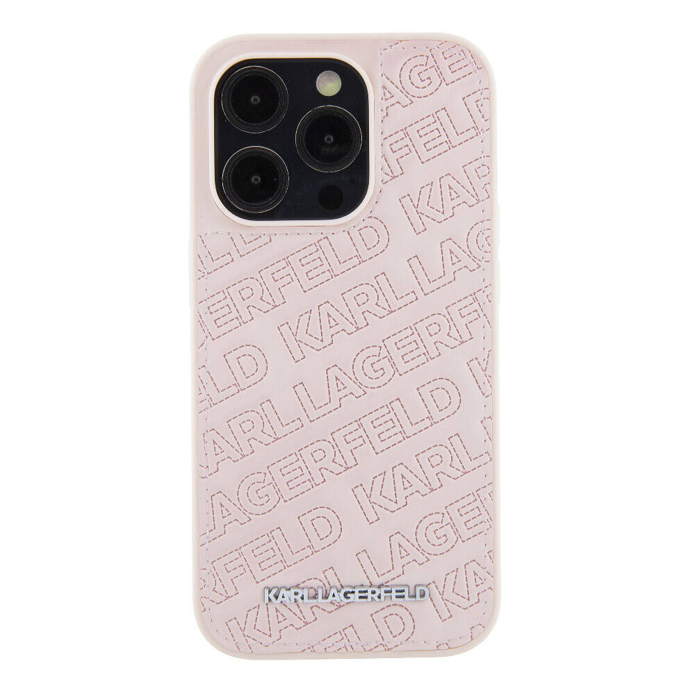 iPhone 15 Pro Max Kılıf Karl Lagerfeld orijinal Lisanslı Metal Yazı Logolu Dikişli Logo Arka Yüzey Kapitone Kılıf