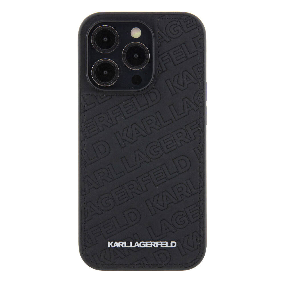 iPhone 15 Pro Max Kılıf Karl Lagerfeld orijinal Lisanslı Metal Yazı Logolu Dikişli Logo Arka Yüzey Kapitone Kılıf