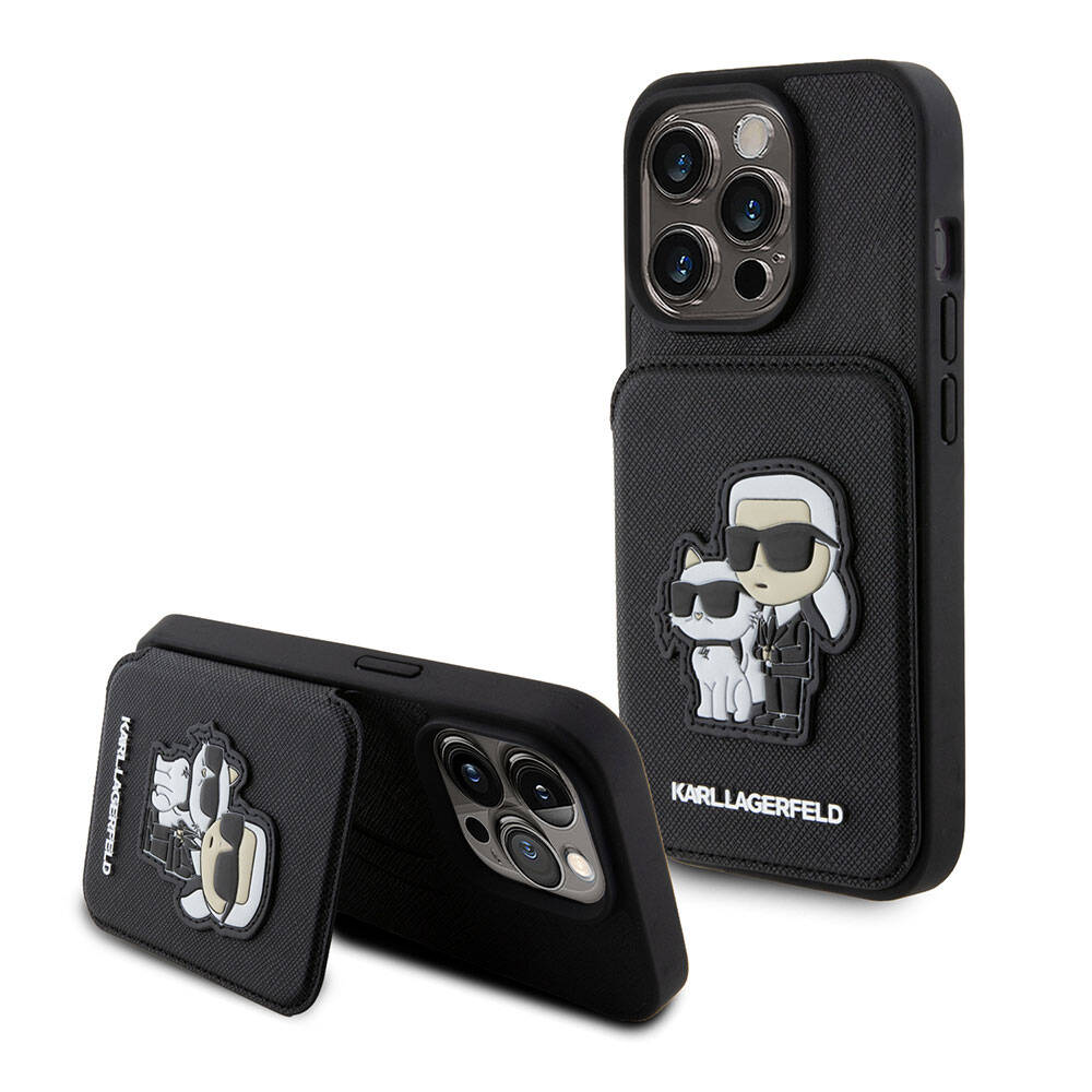 iPhone 15 Pro Max Kılıf Karl Lagerfeld Standlı Kartlıklı Saffiano K&C Metal Logo Orijinal Lisanslı Kılıf