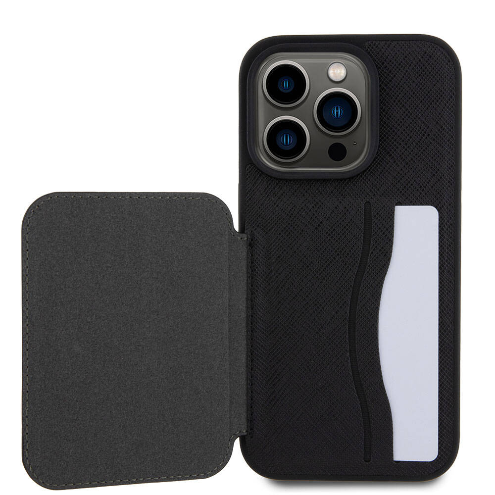 iPhone 15 Pro Max Kılıf Karl Lagerfeld Standlı Kartlıklı Saffiano K&C Metal Logo Orijinal Lisanslı Kılıf