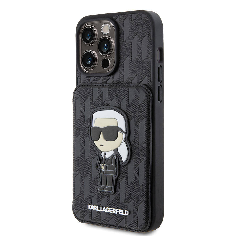 iPhone 15 Pro Max Kılıf Karl Lagerfeld Standlı Kartlıklı Saffiano Monogram İkonik Metal Logo Orijinal Lisanslı Kılıf
