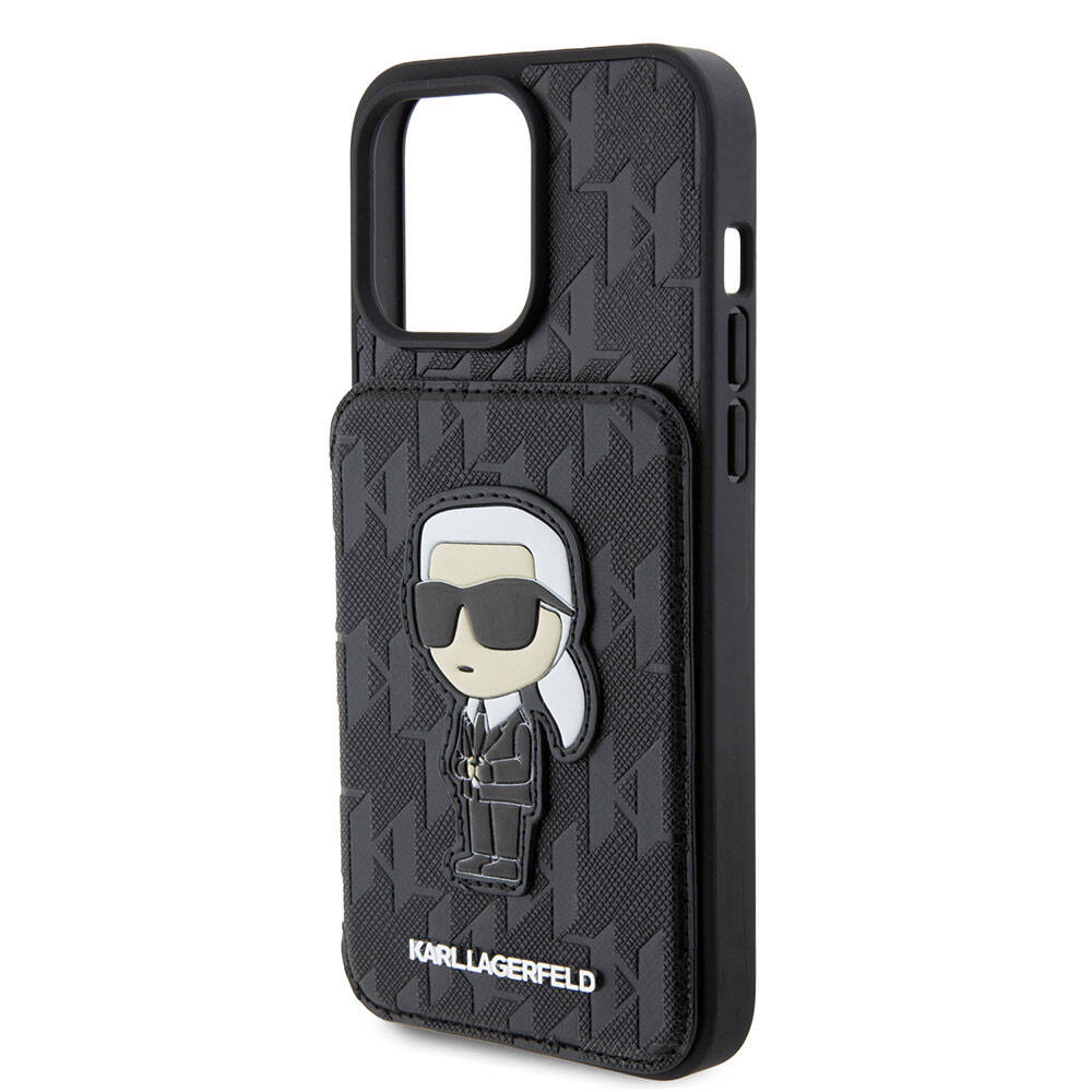 iPhone 15 Pro Max Kılıf Karl Lagerfeld Standlı Kartlıklı Saffiano Monogram İkonik Metal Logo orijinal Lisanslı Kılıf