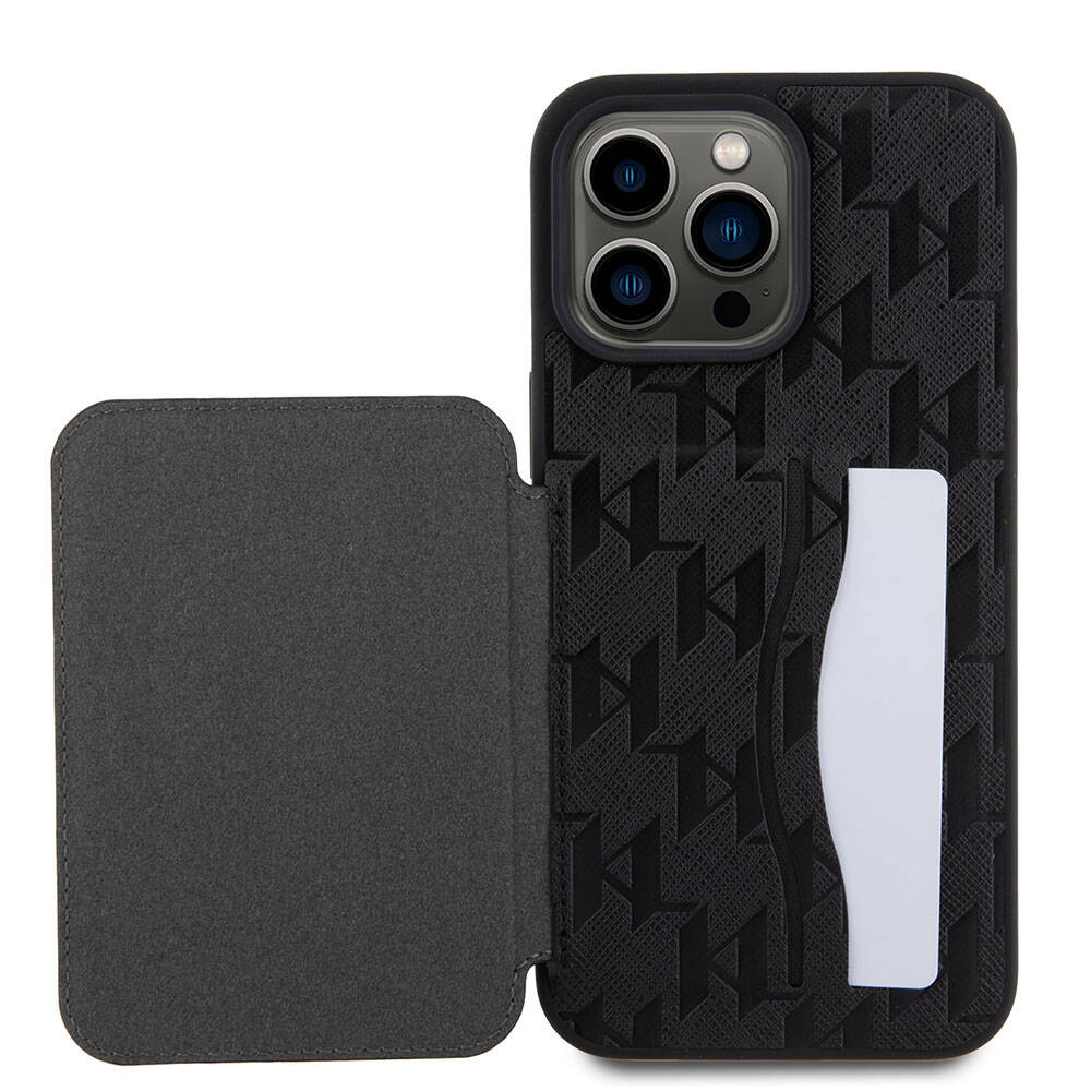iPhone 15 Pro Max Kılıf Karl Lagerfeld Standlı Kartlıklı Saffiano Monogram İkonik Metal Logo orijinal Lisanslı Kılıf