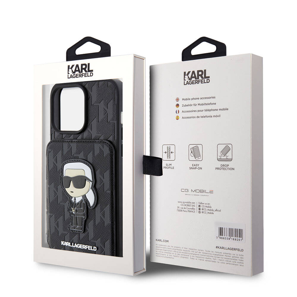 iPhone 15 Pro Max Kılıf Karl Lagerfeld Standlı Kartlıklı Saffiano Monogram İkonik Metal Logo orijinal Lisanslı Kılıf