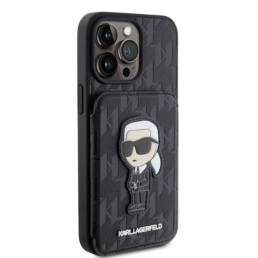 iPhone 15 Pro Max Kılıf Karl Lagerfeld Standlı Kartlıklı Saffiano Monogram İkonik Metal Logo orijinal Lisanslı Kılıf