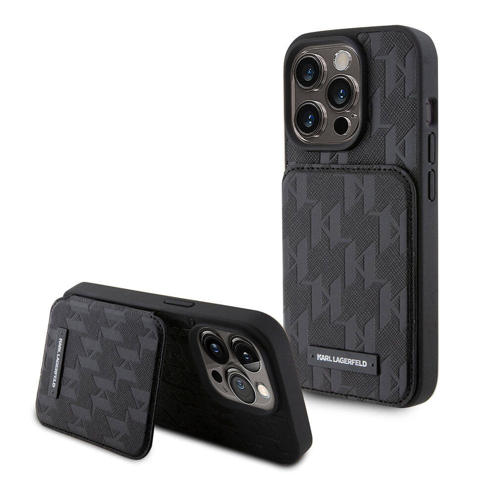 iPhone 15 Pro Max Kılıf Karl Lagerfeld Standlı Kartlıklı Saffiano Monogram Metal Logo Orijinal Lisanslı Kılıf