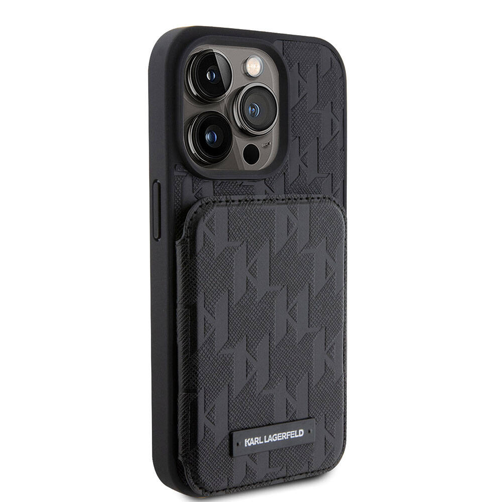 iPhone 15 Pro Max Kılıf Karl Lagerfeld Standlı Kartlıklı Saffiano Monogram Metal Logo Orijinal Lisanslı Kılıf