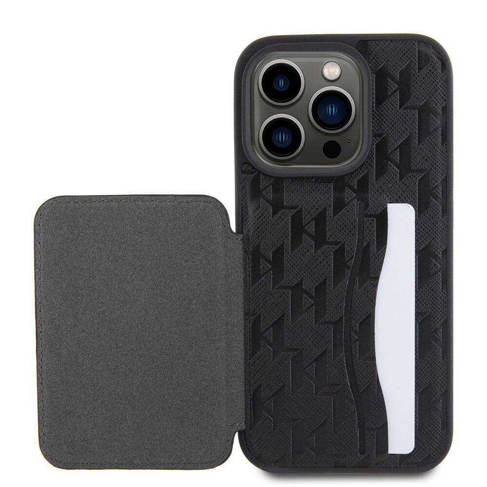 iPhone 15 Pro Max Kılıf Karl Lagerfeld Standlı Kartlıklı Saffiano Monogram Metal Logo orijinal Lisanslı Kılıf