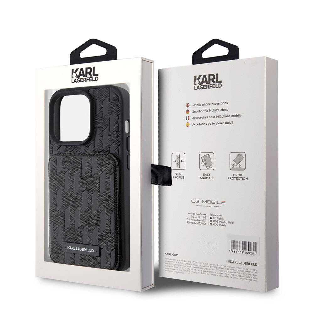iPhone 15 Pro Max Kılıf Karl Lagerfeld Standlı Kartlıklı Saffiano Monogram Metal Logo orijinal Lisanslı Kılıf