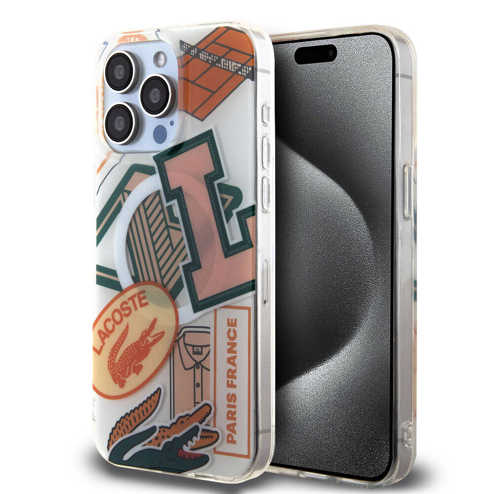 iPhone 15 Pro Max Kılıf Lacoste Orijinal Lisanslı M-safe Şarj Özellikli Çift Katmanlı Yamalar Desenli Kılıf