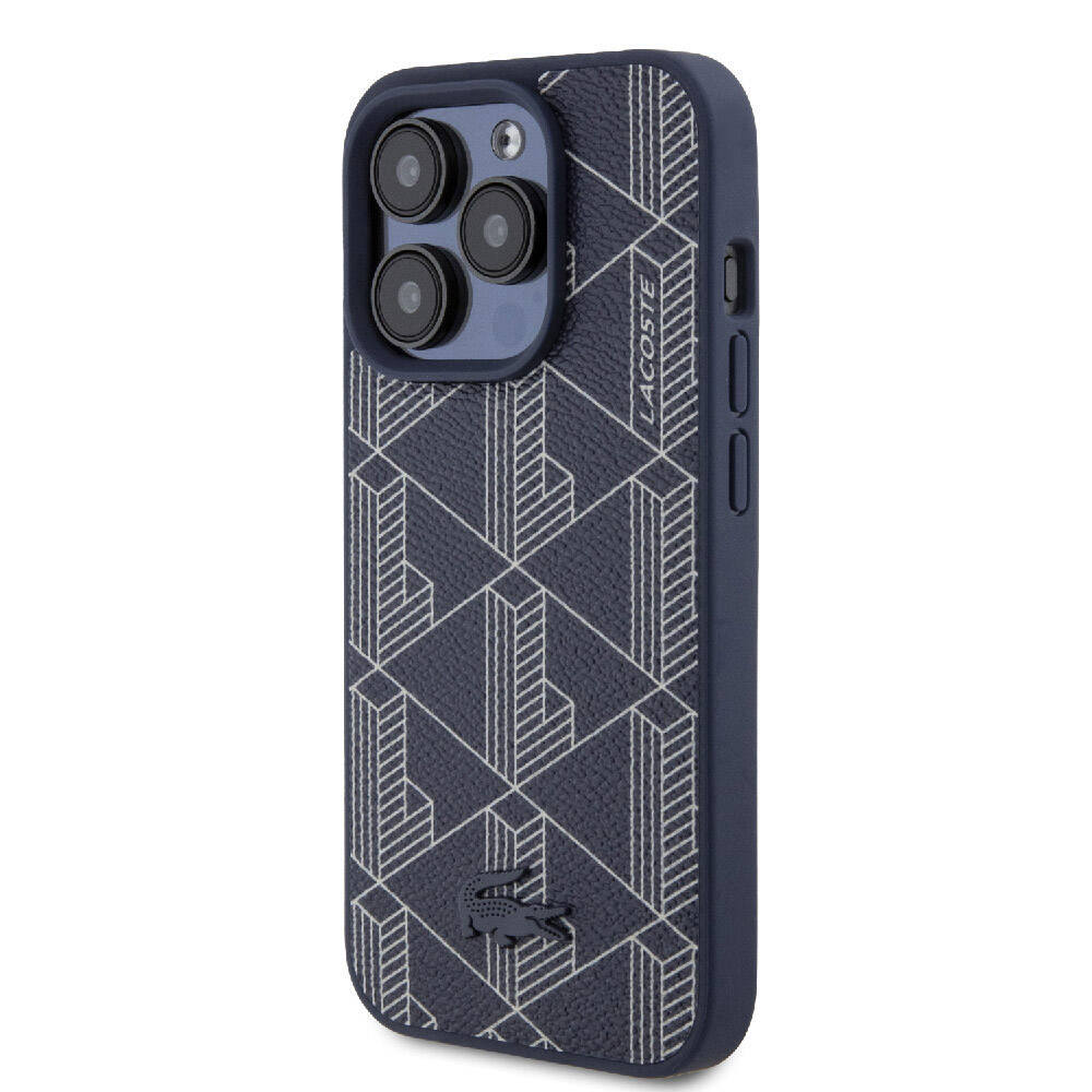 iPhone 15 Pro Max Kılıf Lacoste Orijinal Lisanslı M-safe Şarj Özellikli PU Deri Görünümlü Karışık Monogram Desenli Kılıf