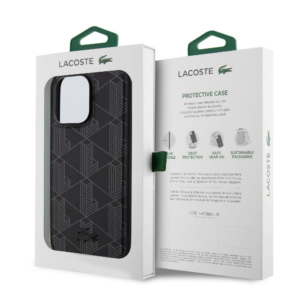 iPhone 15 Pro Max Kılıf Lacoste Orijinal Lisanslı M-safe Şarj Özellikli PU Deri Görünümlü Karışık Monogram Desenli Kılıf