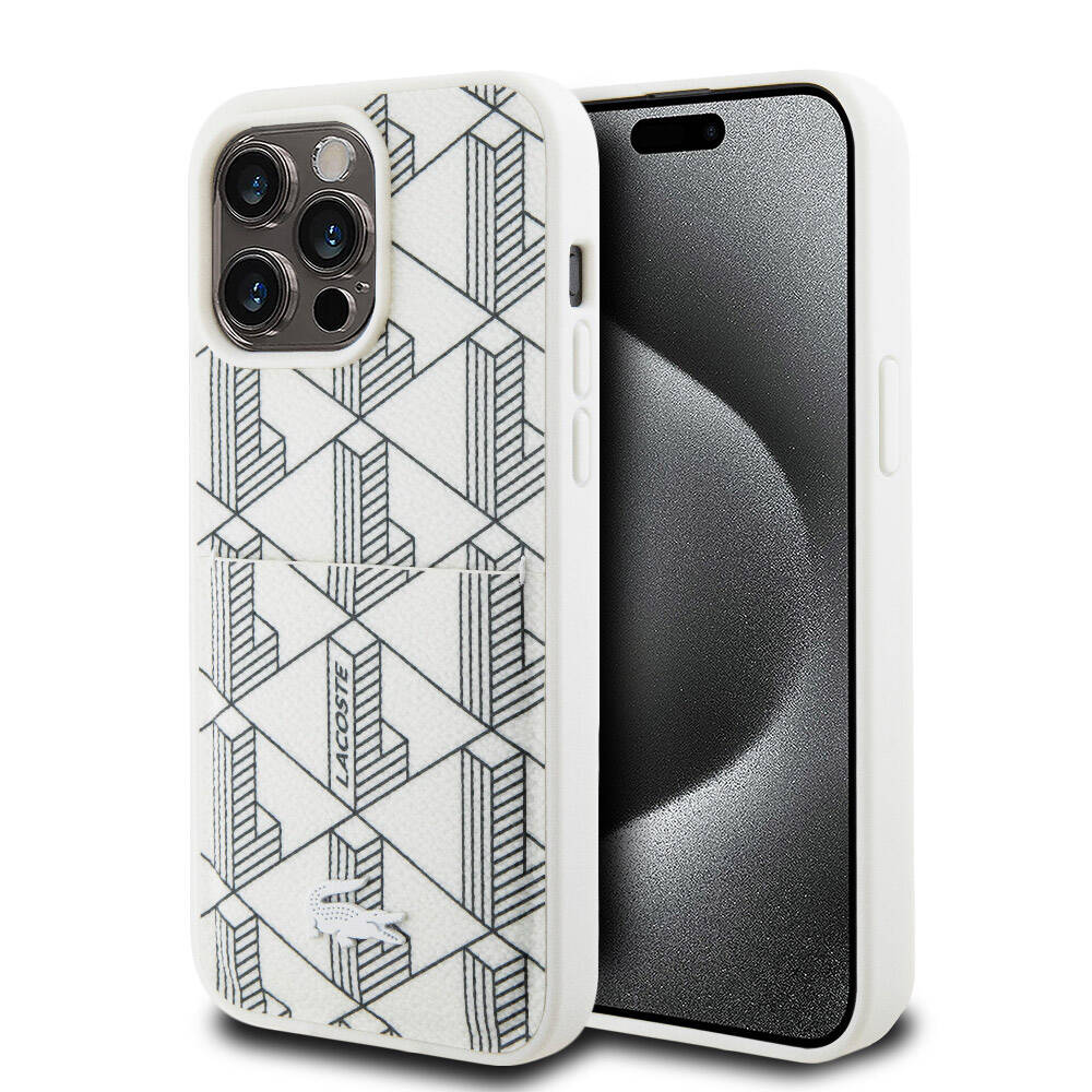 iPhone 15 Pro Max Kılıf Lacoste Orijinal Lisanslı M-safe Şarj Özellikli PU Deri Görünümlü Kartlıklı Karışık Monogram Desenli Kılıf