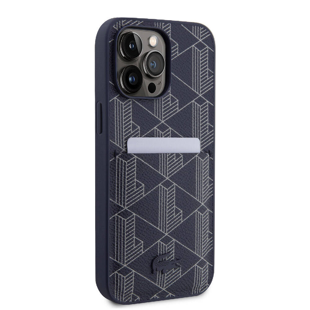 iPhone 15 Pro Max Kılıf Lacoste Orijinal Lisanslı M-safe Şarj Özellikli PU Deri Görünümlü Kartlıklı Karışık Monogram Desenli Kılıf