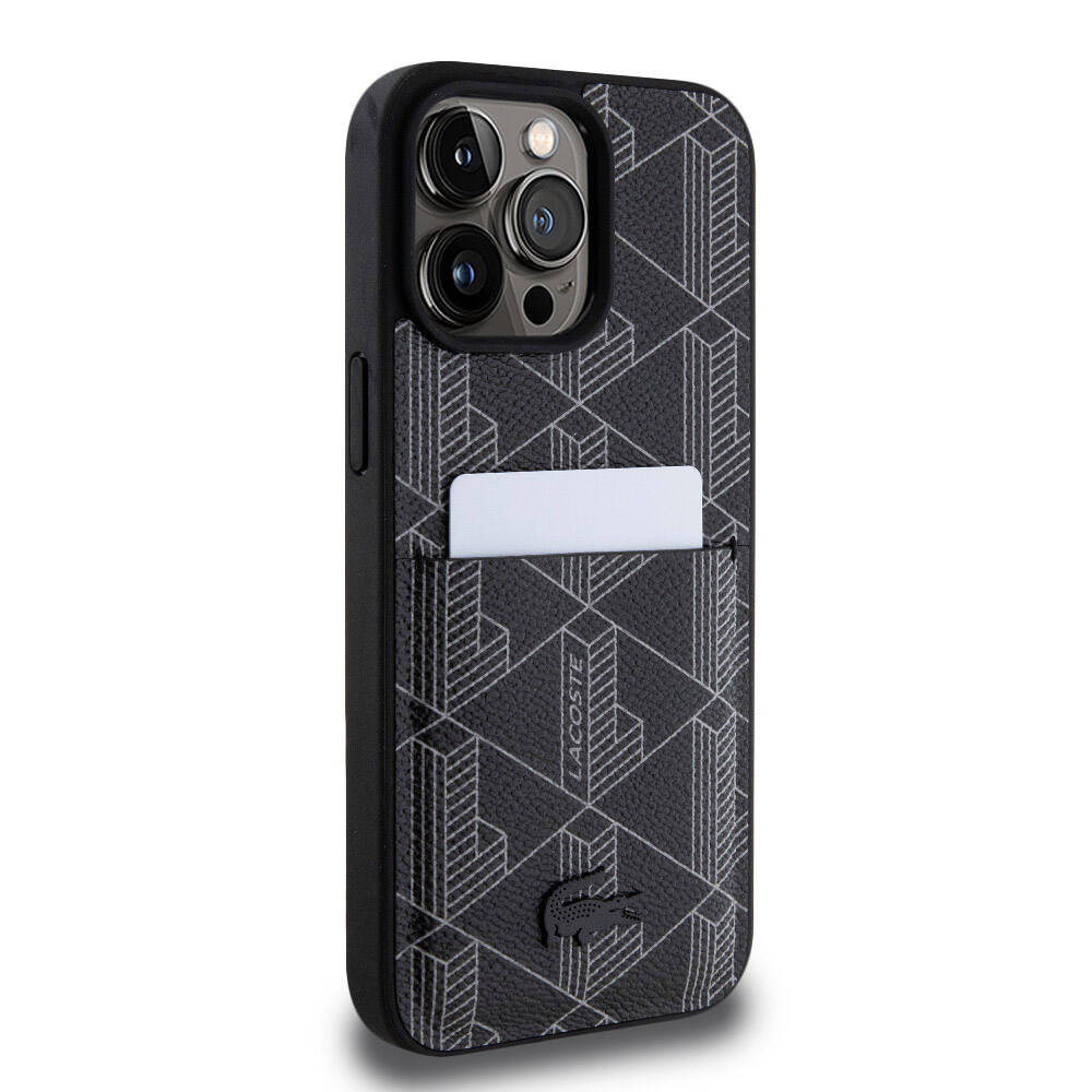 iPhone 15 Pro Max Kılıf Lacoste Orijinal Lisanslı M-safe Şarj Özellikli PU Deri Görünümlü Kartlıklı Karışık Monogram Desenli Kılıf