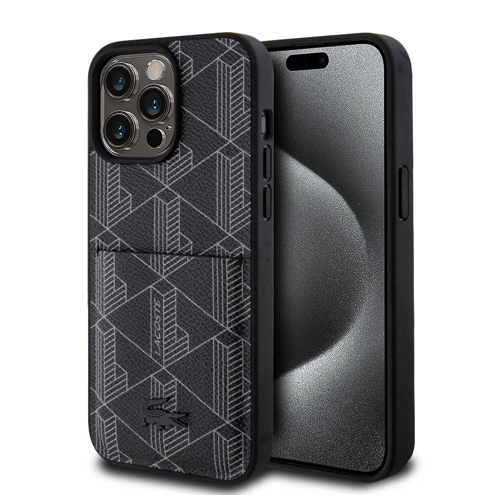 iPhone 15 Pro Max Kılıf Lacoste Orijinal Lisanslı M-safe Şarj Özellikli PU Deri Görünümlü Kartlıklı Karışık Monogram Desenli Kılıf