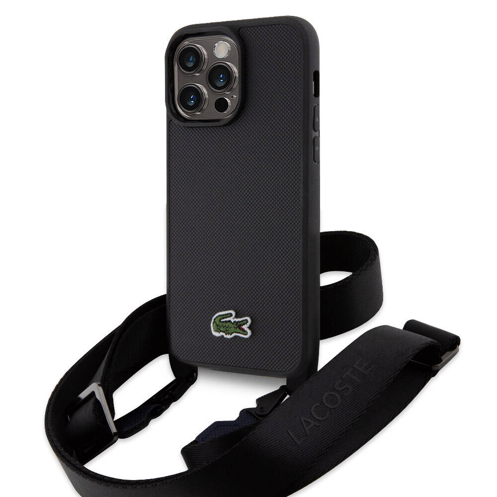 iPhone 15 Pro Max Kılıf Lacoste Orijinal Lisanslı PU Pike Desenli Arka Yüzey Askılı İkonik Timsah Dokuma Logolu Kılıf