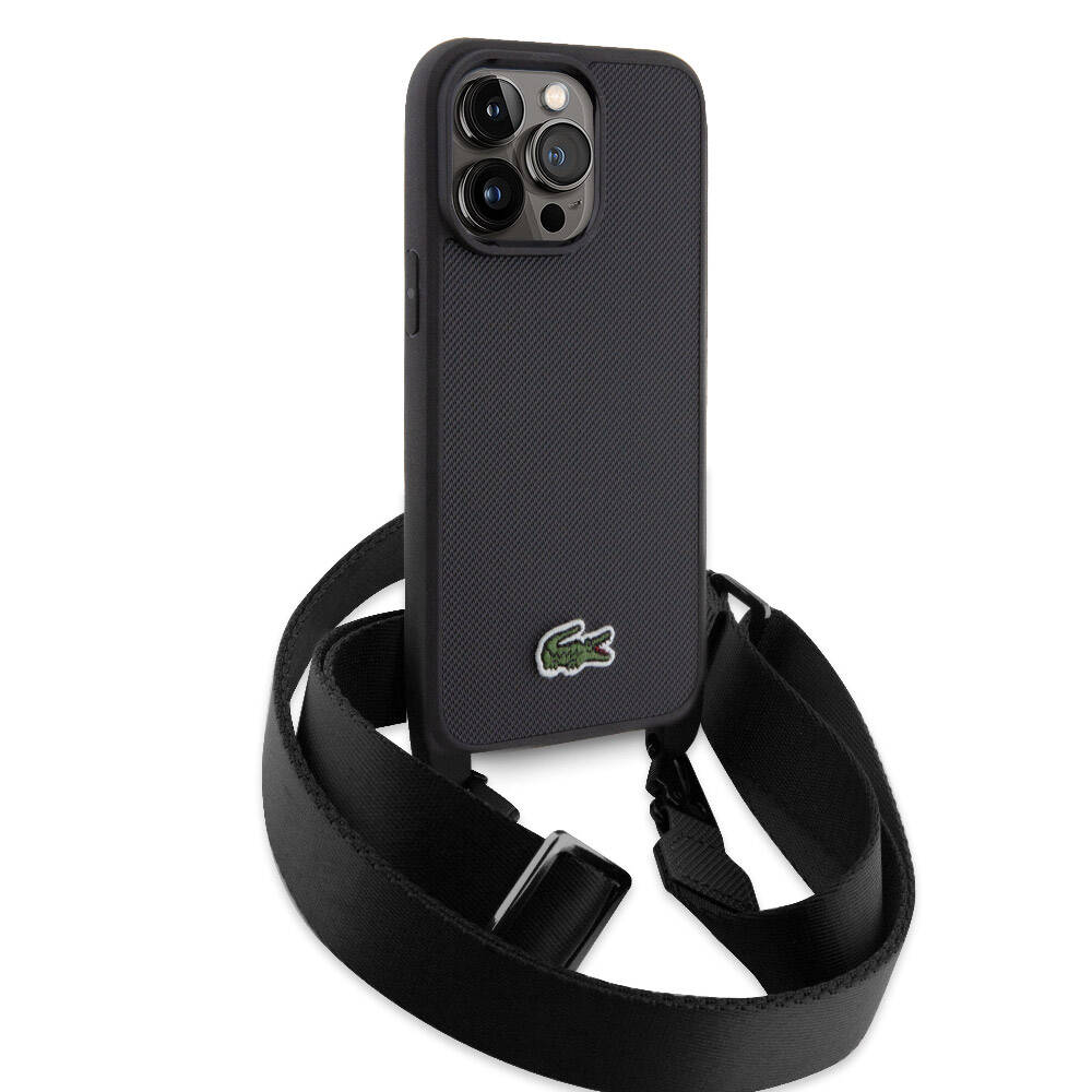 iPhone 15 Pro Max Kılıf Lacoste Orijinal Lisanslı PU Pike Desenli Arka Yüzey Askılı İkonik Timsah Dokuma Logolu Kılıf