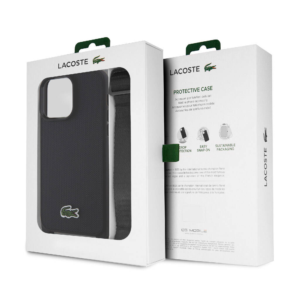iPhone 15 Pro Max Kılıf Lacoste Orijinal Lisanslı PU Pike Desenli Arka Yüzey Askılı İkonik Timsah Dokuma Logolu Kılıf