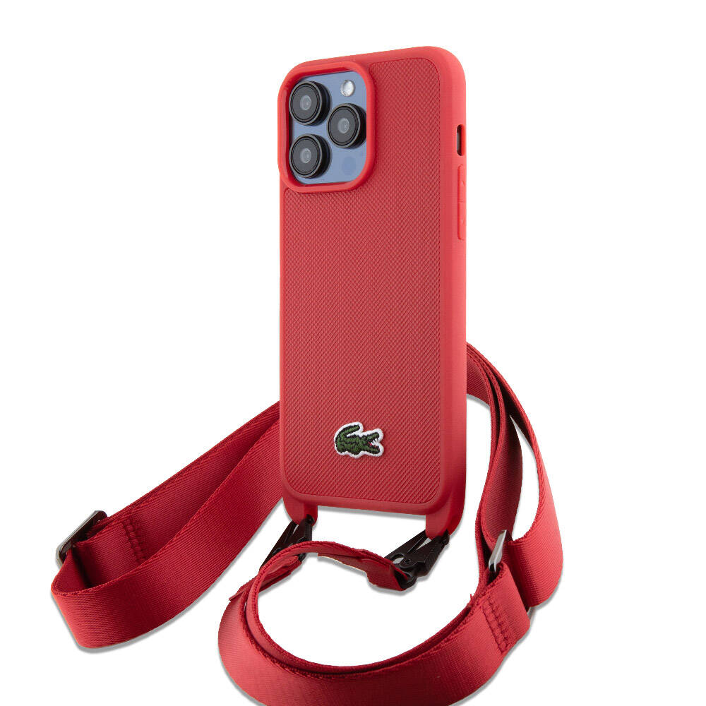 iPhone 15 Pro Max Kılıf Lacoste Orijinal Lisanslı PU Pike Desenli Arka Yüzey Askılı İkonik Timsah Dokuma Logolu Kılıf