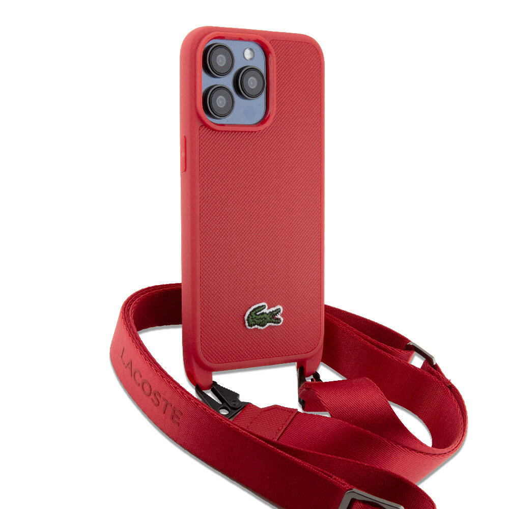iPhone 15 Pro Max Kılıf Lacoste Orijinal Lisanslı PU Pike Desenli Arka Yüzey Askılı İkonik Timsah Dokuma Logolu Kılıf