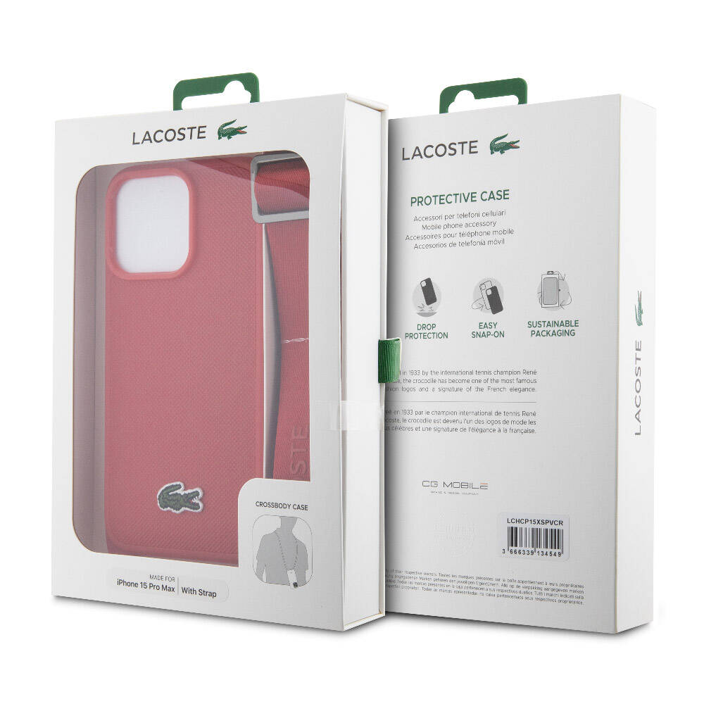 iPhone 15 Pro Max Kılıf Lacoste Orijinal Lisanslı PU Pike Desenli Arka Yüzey Askılı İkonik Timsah Dokuma Logolu Kılıf