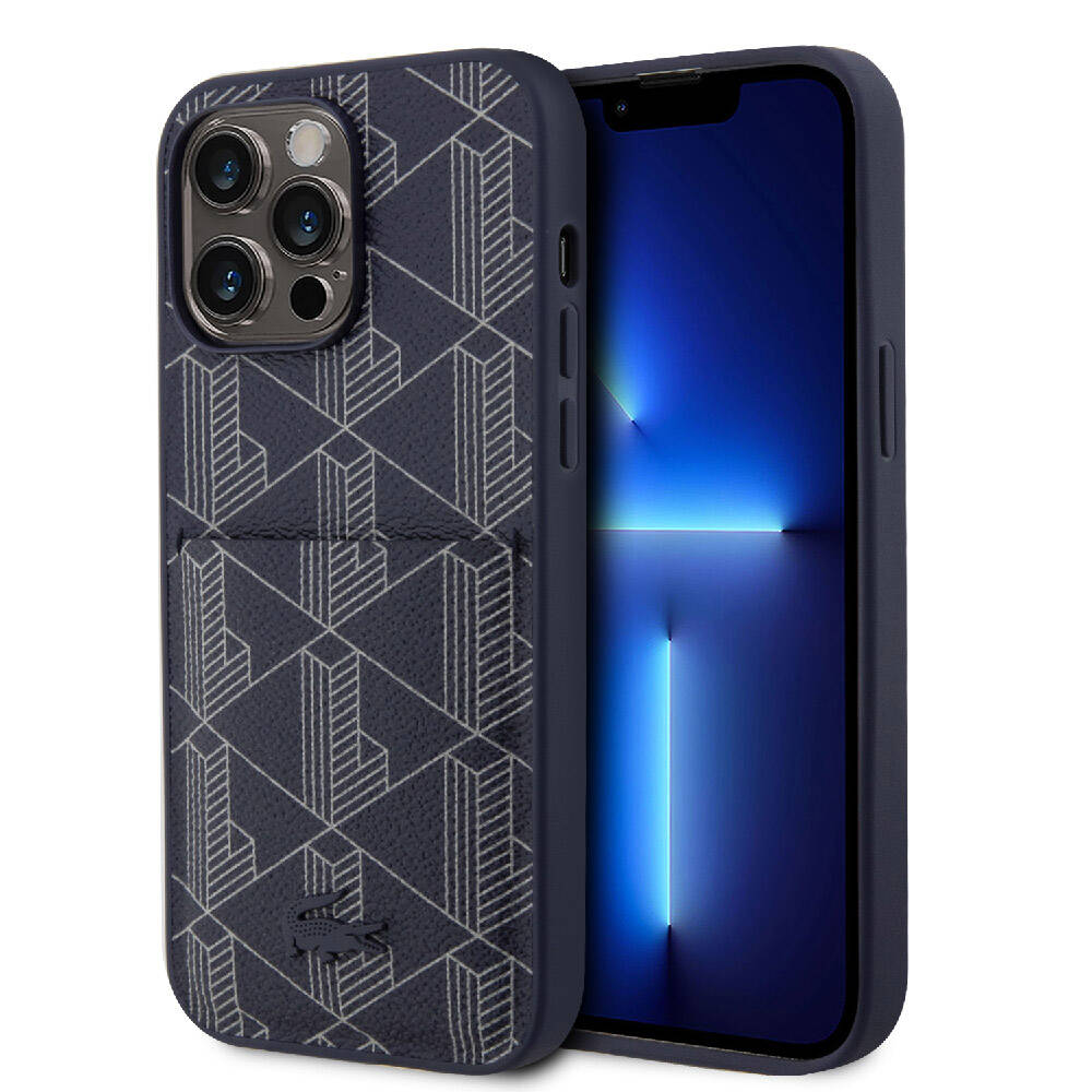 iPhone 15 Pro Max Kılıf Lacoste orijinal Lisanslı M-safe Şarj Özellikli PU Deri Görünümlü Kartlıklı Karışık Monogram Desenli Kılıf
