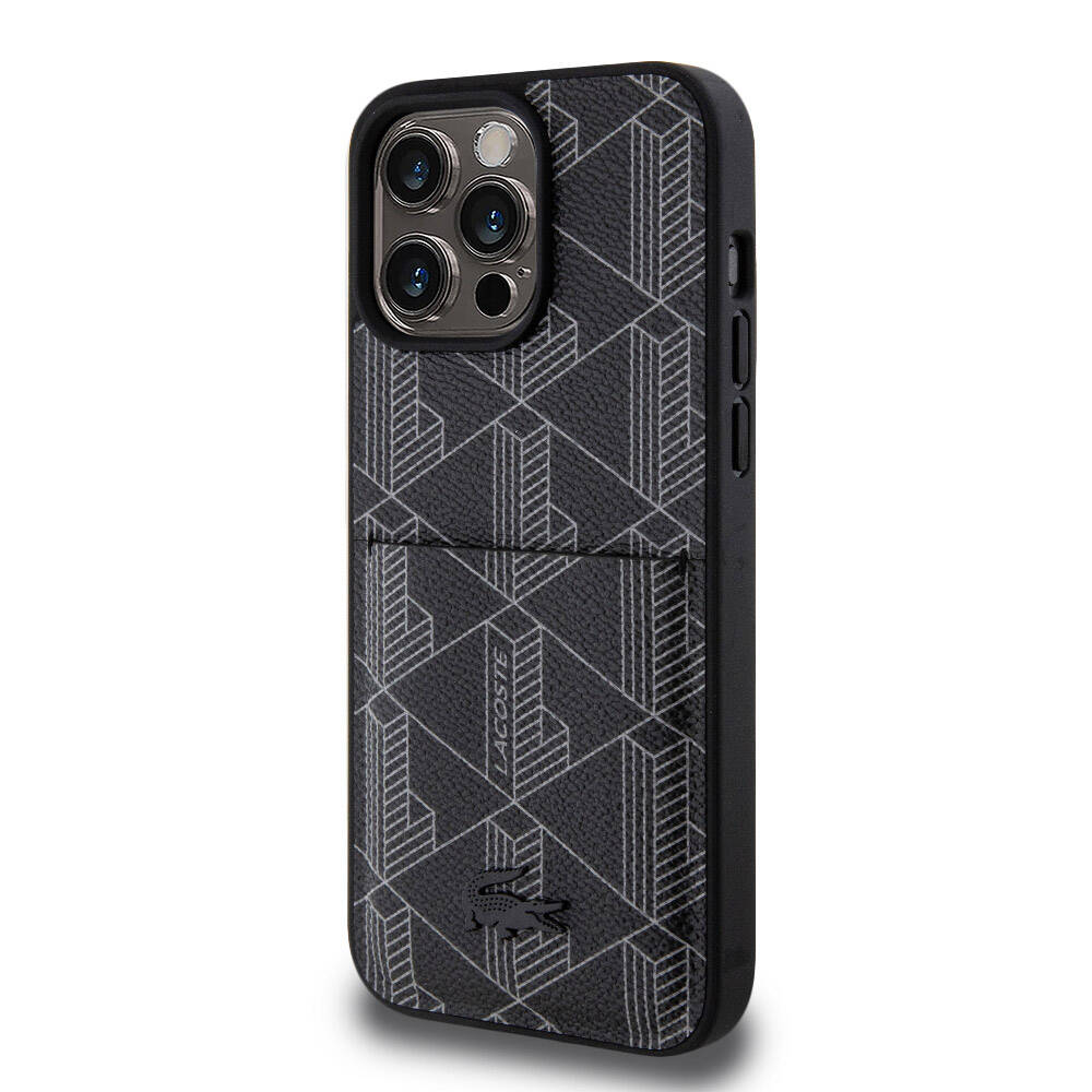 iPhone 15 Pro Max Kılıf Lacoste orijinal Lisanslı M-safe Şarj Özellikli PU Deri Görünümlü Kartlıklı Karışık Monogram Desenli Kılıf