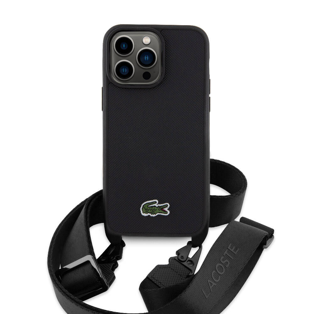 iPhone 15 Pro Max Kılıf Lacoste orijinal Lisanslı PU Pike Desenli Arka Yüzey Askılı İkonik Timsah Dokuma Logolu Kılıf