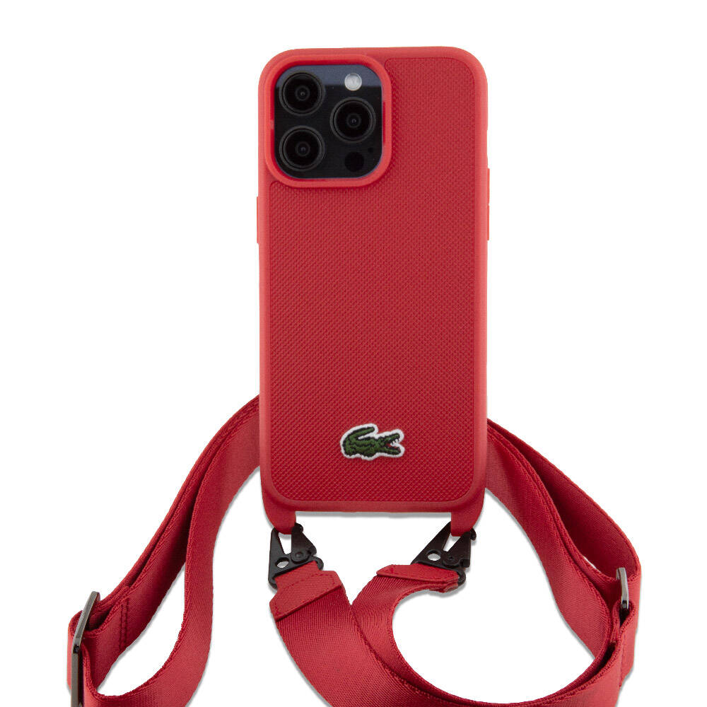 iPhone 15 Pro Max Kılıf Lacoste orijinal Lisanslı PU Pike Desenli Arka Yüzey Askılı İkonik Timsah Dokuma Logolu Kılıf