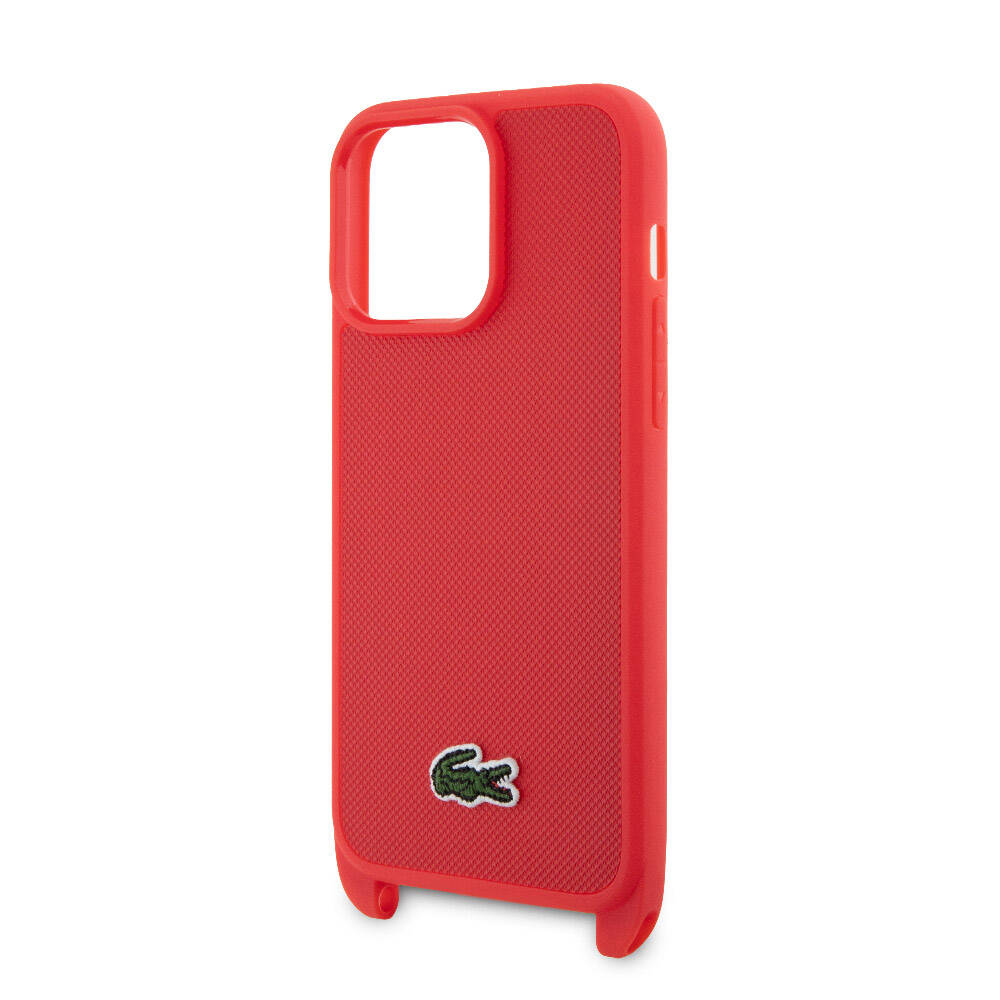iPhone 15 Pro Max Kılıf Lacoste orijinal Lisanslı PU Pike Desenli Arka Yüzey Askılı İkonik Timsah Dokuma Logolu Kılıf