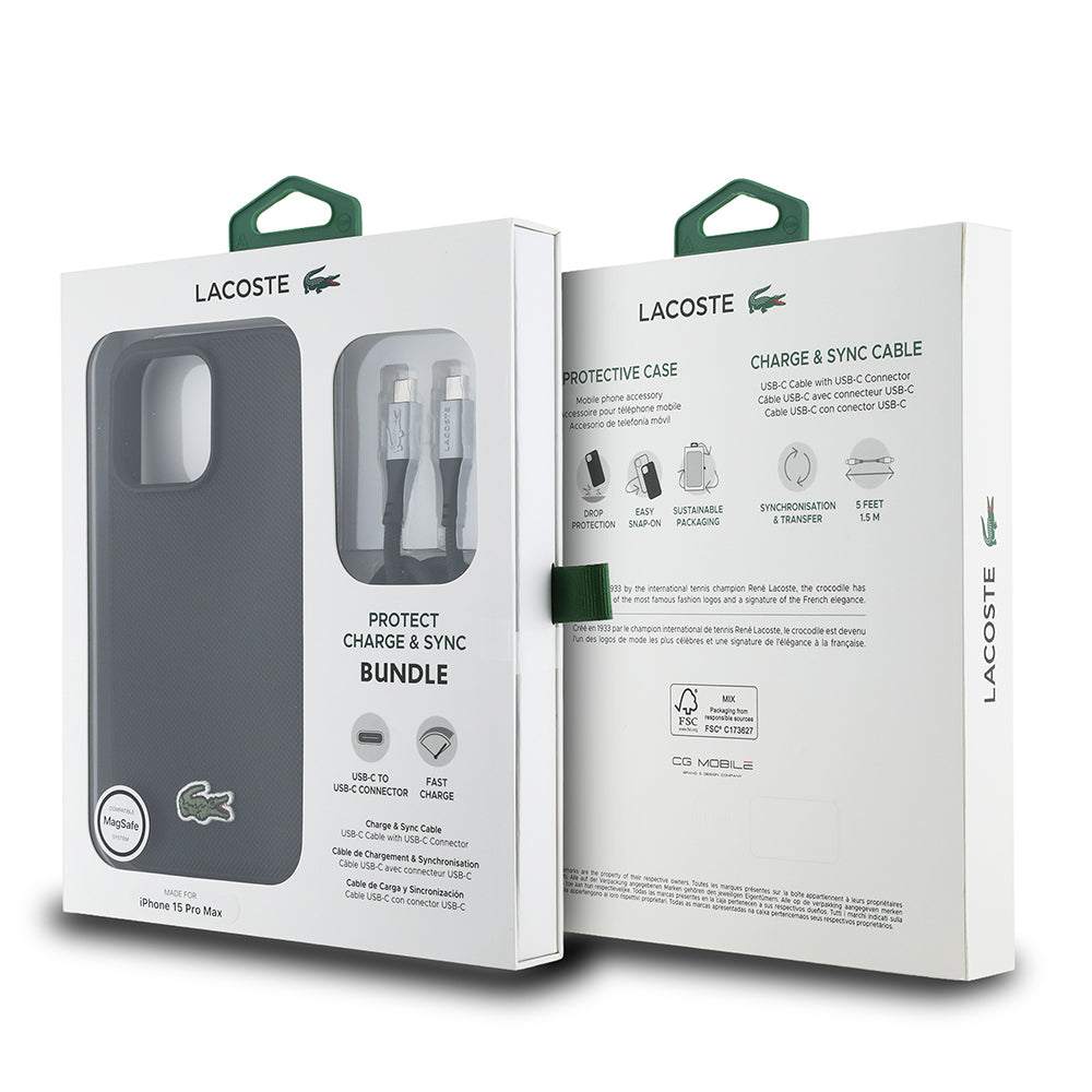 iPhone 15 Pro Max Kılıf Lacoste orijinal Lisanslı PU Pike Desenli Arka Yüzey İkonik Timsah Dokuma Logolu Kılıf + Type-C Kablo 1.5m
