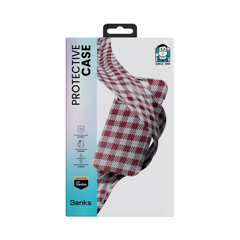 iPhone 15 Pro Max Kılıf M-safe Şarj Özellikli Ekose Tasarımlı Benks ArmorVichy Kevlar Kılıf