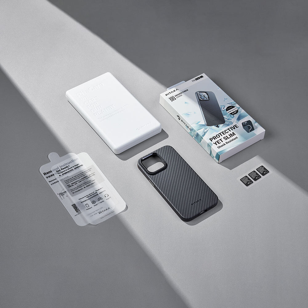 iPhone 15 Pro Max Kılıf M-safe Şarj Özellikli 1500D Aramid Fiber Pitaka Military-Grade Classic Serisi Black-Grey Twill Kılıf