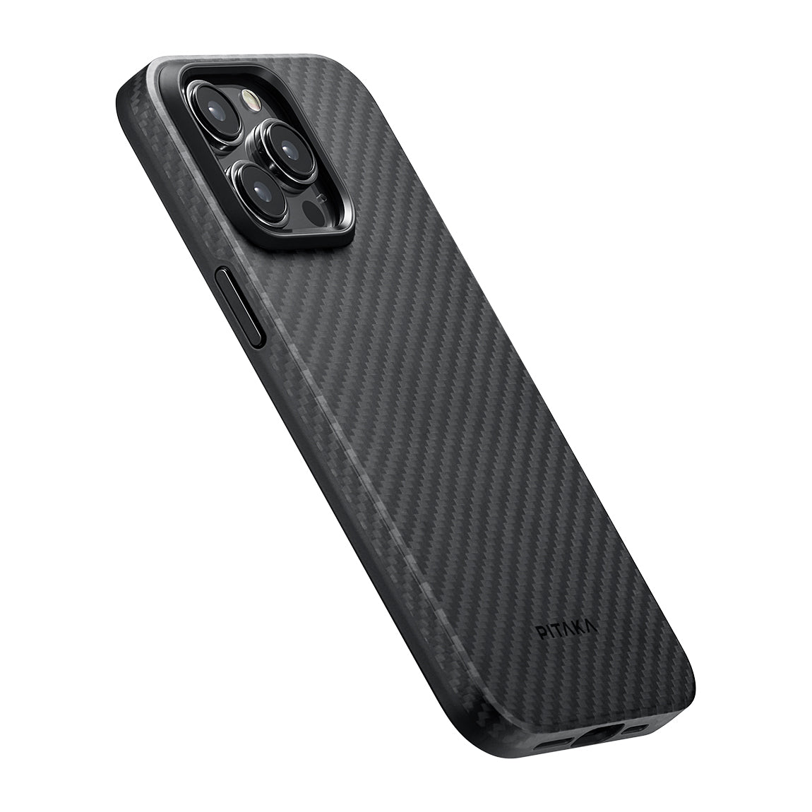 iPhone 15 Pro Max Kılıf M-safe Şarj Özellikli 1500D Aramid Karbon Fiber Pitaka Military-Grade Classic Serisi Black-Grey Twill Kılıf