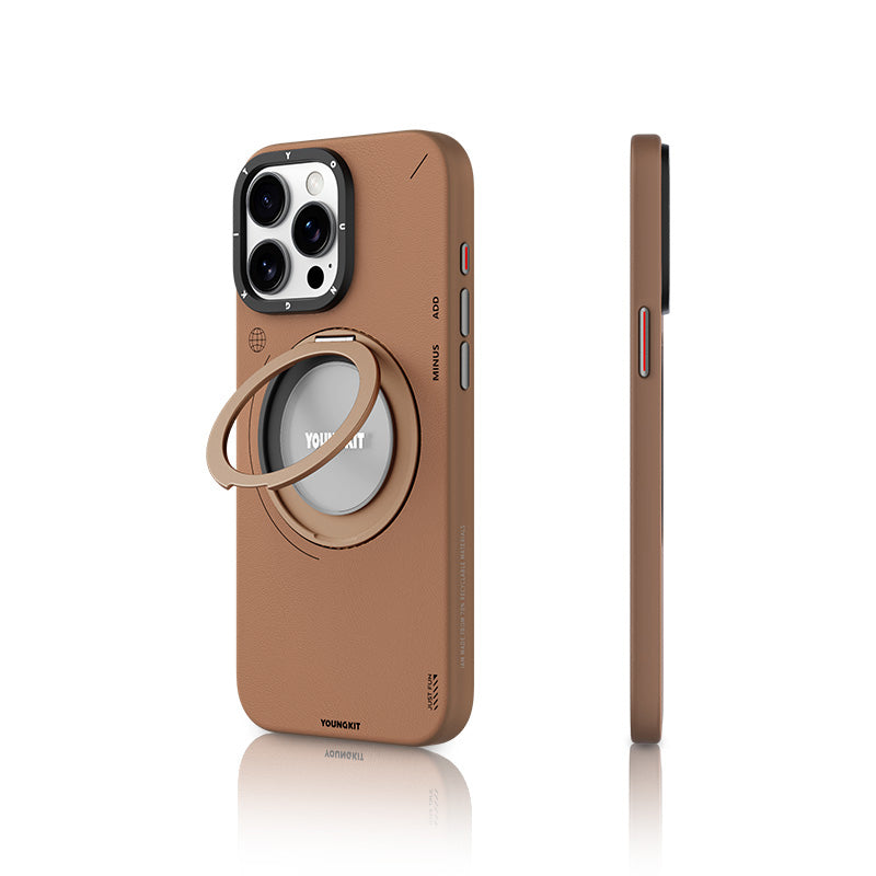 iPhone 15 Pro Max Kılıf M-safe Şarj Özellikli 360° Standlı Basit Mat Deri Desenli Youngkit Tech Leather Serisi Kılıf