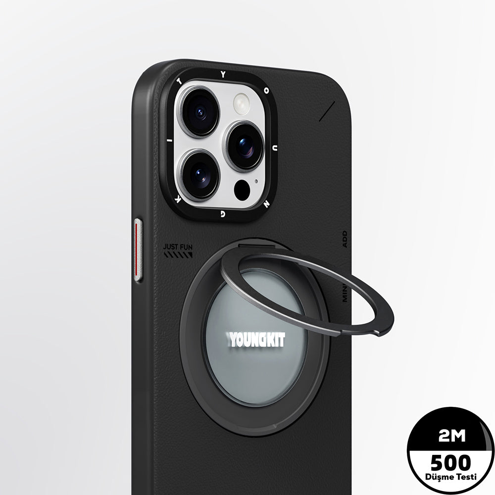 iPhone 15 Pro Max Kılıf M-safe Şarj Özellikli 360° Standlı Basit Mat Deri Desenli Youngkit Tech Leather Serisi Kılıf