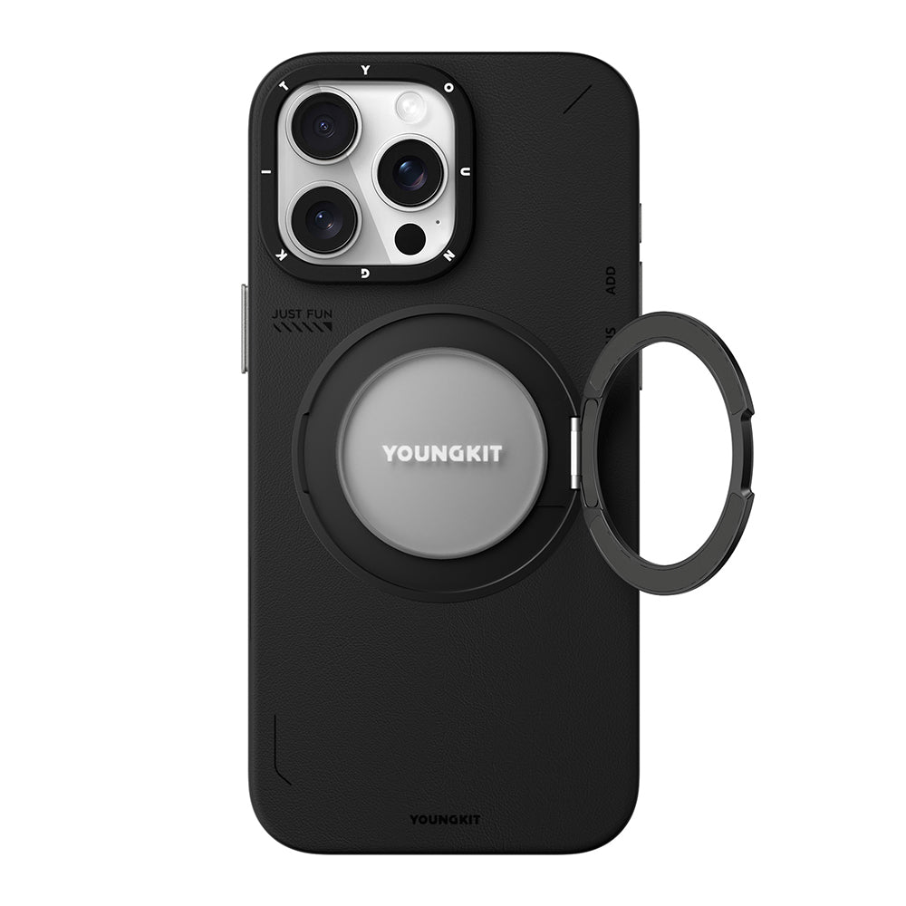 iPhone 15 Pro Max Kılıf M-safe Şarj Özellikli 360° Standlı Basit Mat Deri Desenli Youngkit Tech Leather Serisi Kılıf