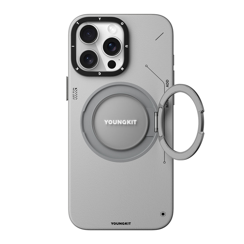 iPhone 15 Pro Max Kılıf M-safe Şarj Özellikli 360° Standlı Basit Mat Deri Desenli Youngkit Tech Leather Serisi Kılıf
