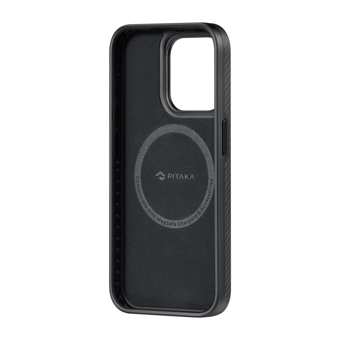 iPhone 15 Pro Max Kılıf M-safe Şarj Özellikli 600D Aramid Karbon Fiber Pitaka Military-Grade Classic Serisi Black-Grey Twill Kılıf
