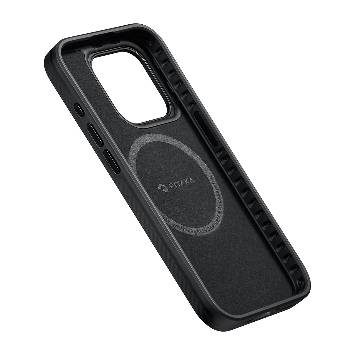 iPhone 15 Pro Max Kılıf M-safe Şarj Özellikli 600D Aramid Karbon Fiber Pitaka Military-Grade Classic Serisi Black-Grey Twill Kılıf