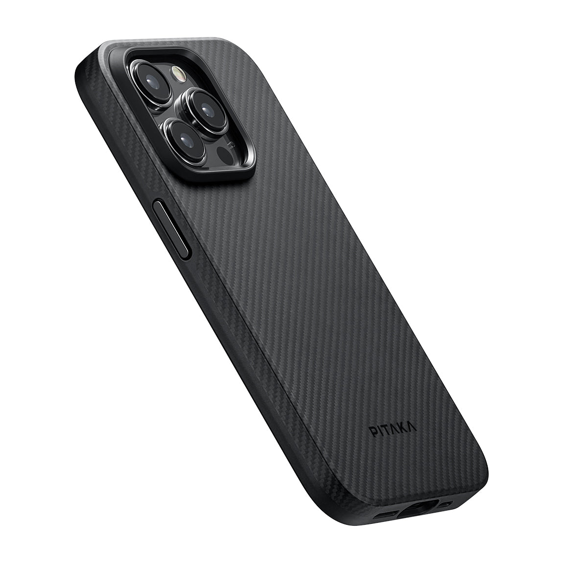 iPhone 15 Pro Max Kılıf M-safe Şarj Özellikli 600D Aramid Karbon Fiber Pitaka Military-Grade Classic Serisi Black-Grey Twill Kılıf
