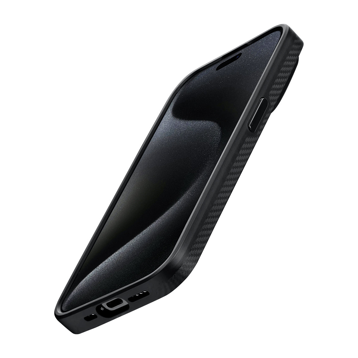 iPhone 15 Pro Max Kılıf M-safe Şarj Özellikli 600D Aramid Karbon Fiber Pitaka Military-Grade Classic Serisi Black-Grey Twill Kılıf