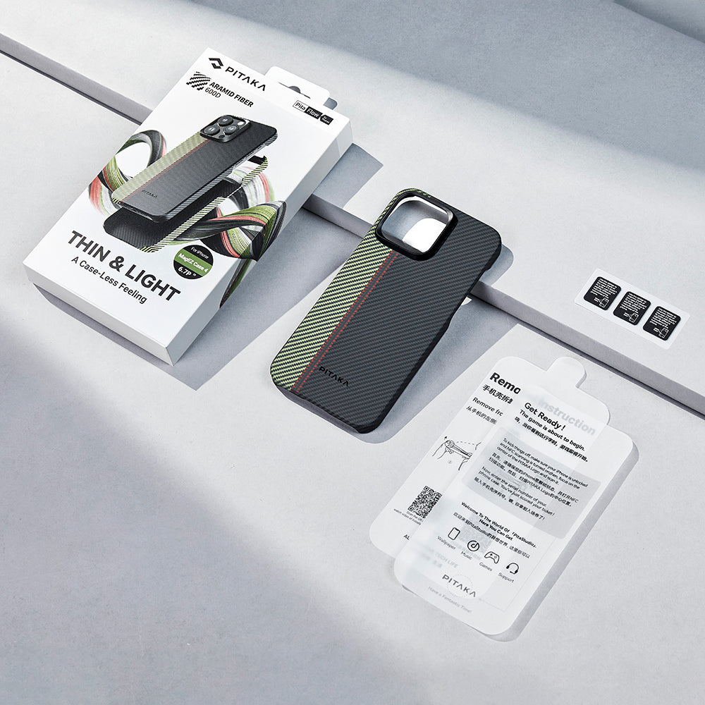 iPhone 15 Pro Max Kılıf M-safe Şarj Özellikli 600D Aramid Karbon Fiber Pitaka Tactile Woven Orchestra Serisi Overture Kılıf