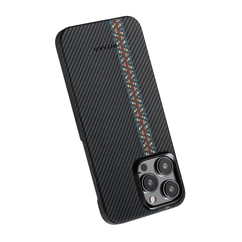 iPhone 15 Pro Max Kılıf M-safe Şarj Özellikli 600D Aramid Karbon Fiber Pitaka Tactile Woven Orchestra Serisi Rhapsody Kılıf