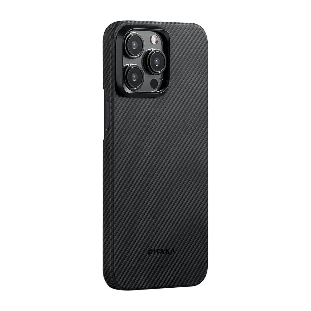 iPhone 15 Pro Max Kılıf M-safe Şarj Özellikli 600D Aramid Fiber Pitaka Ultra-Slim Classic Serisi Black-Grey Twill Kılıf