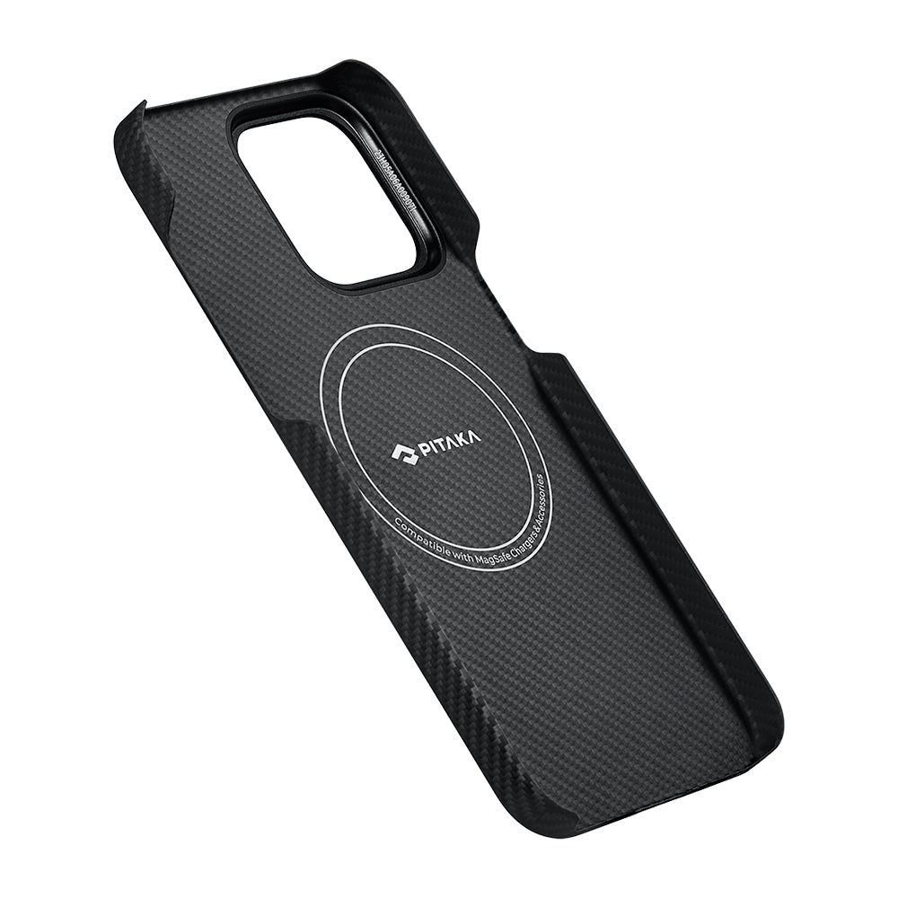 iPhone 15 Pro Max Kılıf M-safe Şarj Özellikli 600D Aramid Karbon Fiber Pitaka Ultra-Slim Classic Serisi Black-Grey Twill Kılıf
