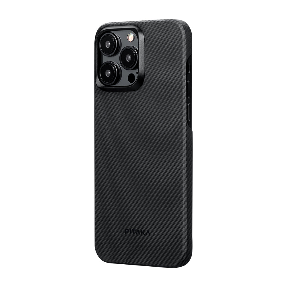 iPhone 15 Pro Max Kılıf M-safe Şarj Özellikli 600D Aramid Fiber Pitaka Ultra-Slim Classic Serisi Black-Grey Twill Kılıf